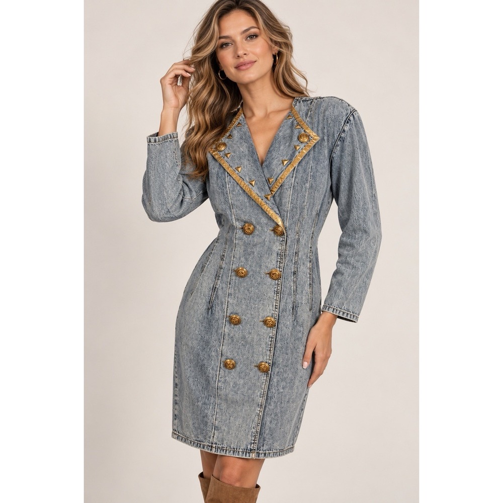 Vtg 80s Acid Wash Denim Studded Sailor Coat Dress~ Jr 15~ Brass Anchor Buttons
